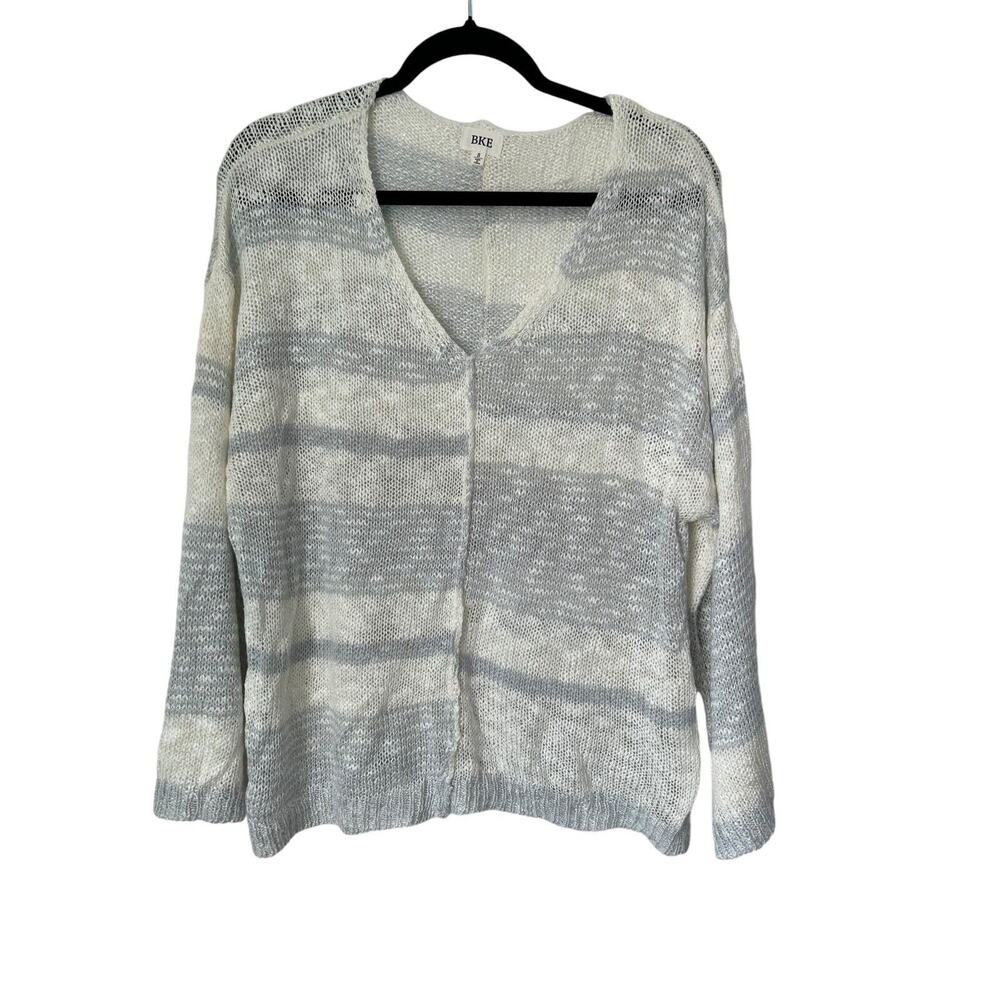 BKE Sweater Size S Blue Cream Striped Open Weave Lightweight Long‎ Sleeve V-Neck